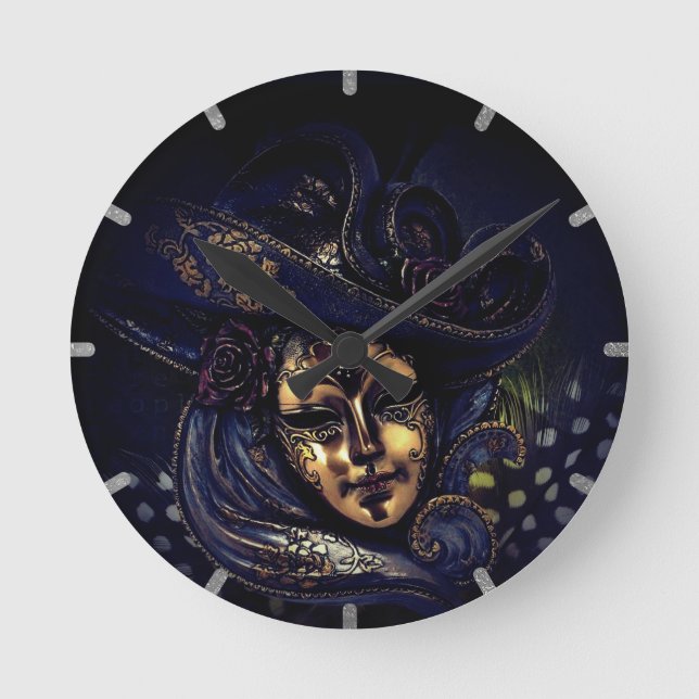 Stylish Blue Gold Venetian Carnival Mask Round Clock (Front)