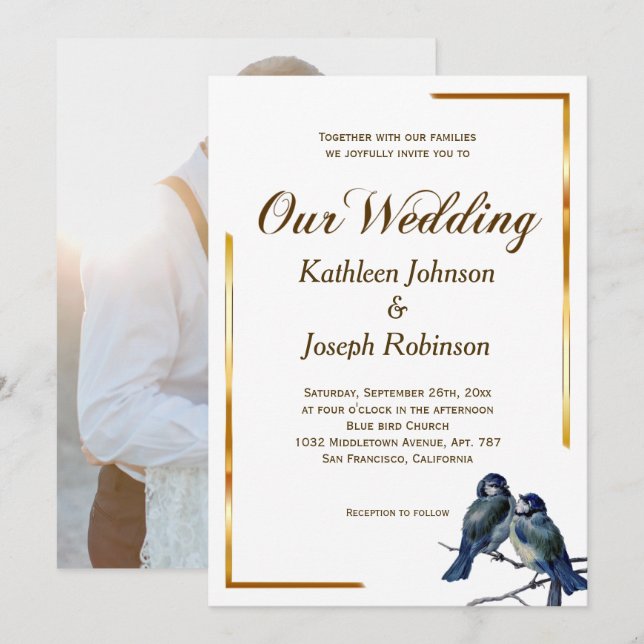 Stylish Blue Grey Birds on a Branch Wedding Invitation (Front/Back)