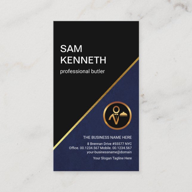 Stylish Blue Grunge Gold Line Professional Butler Business Card (Front)