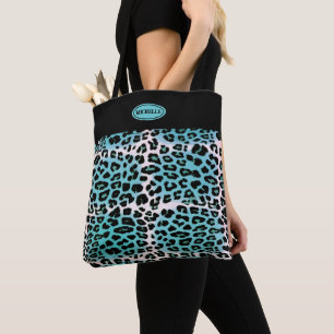 Stylish Blue Leopard Animal Print Personalized  Tote Bag