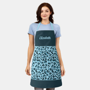 Stylish blue leopard print trendy girly with name apron