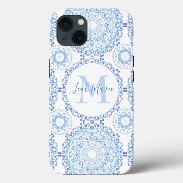 Stylish Blue Mandala Monogram Personalised Case-Mate iPhone Case (Back)