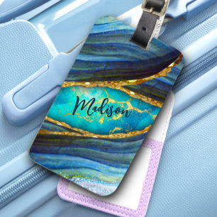 Stylish blue marble art faux gold glitter luggage tag
