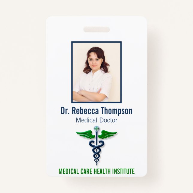  Stylish Blue Medical Caduceus Green Photo ID ID Badge (Front)