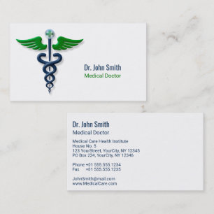 Stylish Blue Medical Caduceus Green Wings Cross Business Card