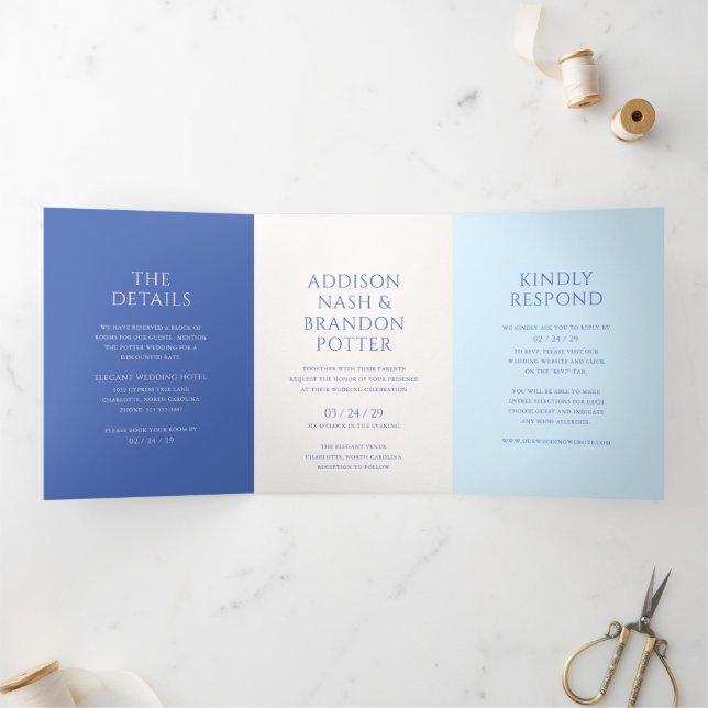 Stylish Blue Modern Wedding Tri-Fold Invitation (Inside)