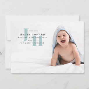 Stylish Blue Monogram Baby Photo Birth Announcement