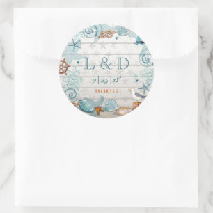 Stylish Blue Nautical Beach Wedding Classic Round Sticker