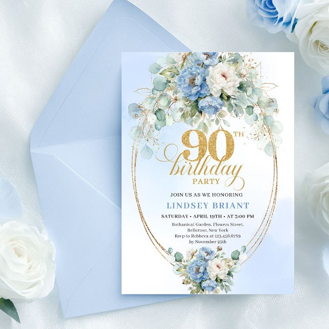Stylish Blue Peony Gold Frame 90th Birthday Invite (Stylish Blue Peony Gold Frame 90th Birthday Invite

)