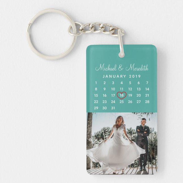 Stylish Blue Photo Wedding Anniversary Calendar Key Ring (Front)