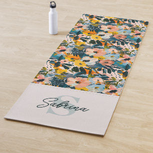 Stylish Blue & Pink Abstract Floral Name Monogram Yoga Mat