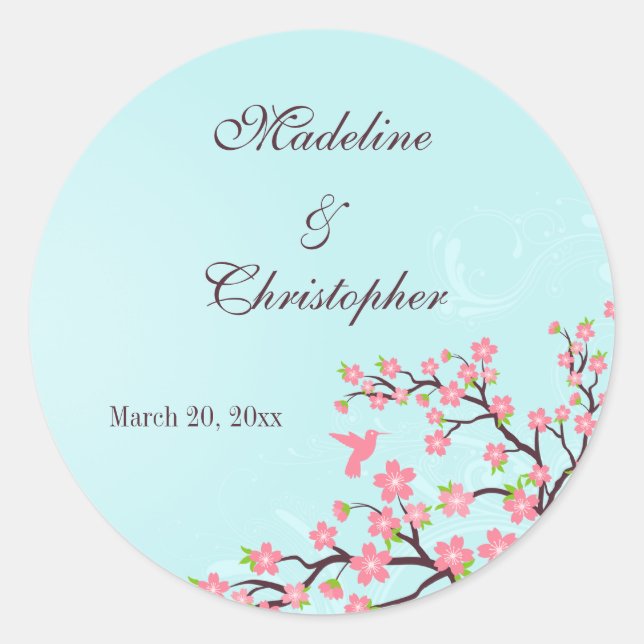 Stylish blue pink cherry blossoms wedding stickers (Front)