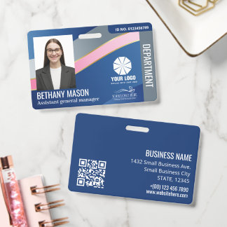 Stylish Blue Pink Faux Gold Wave Photo 2 Logos ID Badge