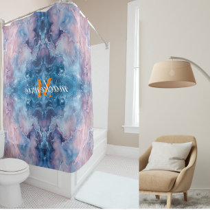 Stylish Blue Pink  Pastel Marble Orange Monogram Shower Curtain