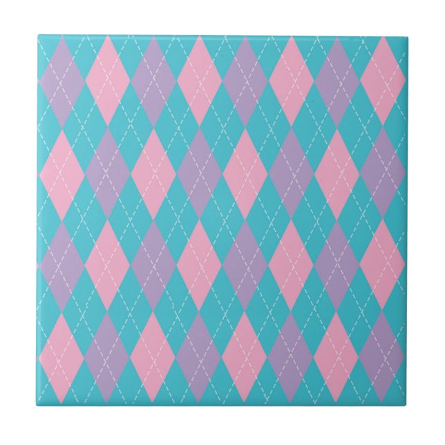 Stylish Blue Pink Purple Argyle Pattern Tile (Front)