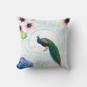 Stylish Blue, Pink & White Floral Peacock Cushion