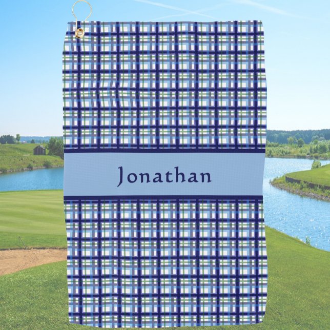 Stylish Blue Plaid Personalized Name  Golf Towel (Creator Uploaded)