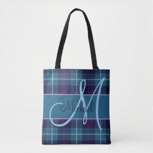 Stylish Blue Plaid Tartan Modern Personalised Name Tote Bag