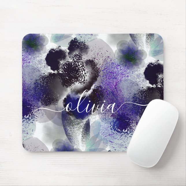 Stylish Blue Purple Floral Signature Monogram Mouse Mat (With Mouse)