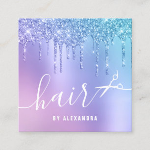 Stylish blue & purple glitter drips scissors hair square business card
