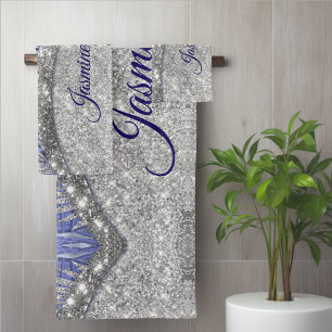 stylish blue purple silver glitter leaves monogram bath towel set
