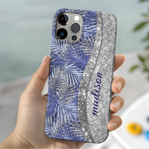 stylish blue purple silver glitter leaves monogram iPhone 15 case