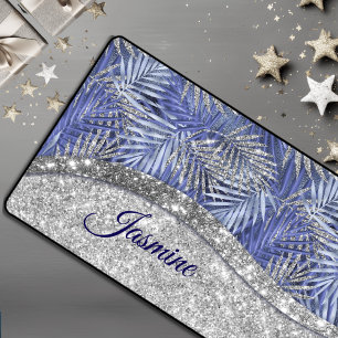 stylish blue purple silver glitter leaves monogram desk mat