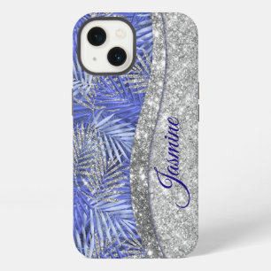 stylish blue purple silver glitter leaves monogram iPhone 13 case