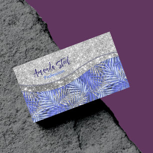 stylish blue purple silver glitter leaves monogram 	Magnetic business card
