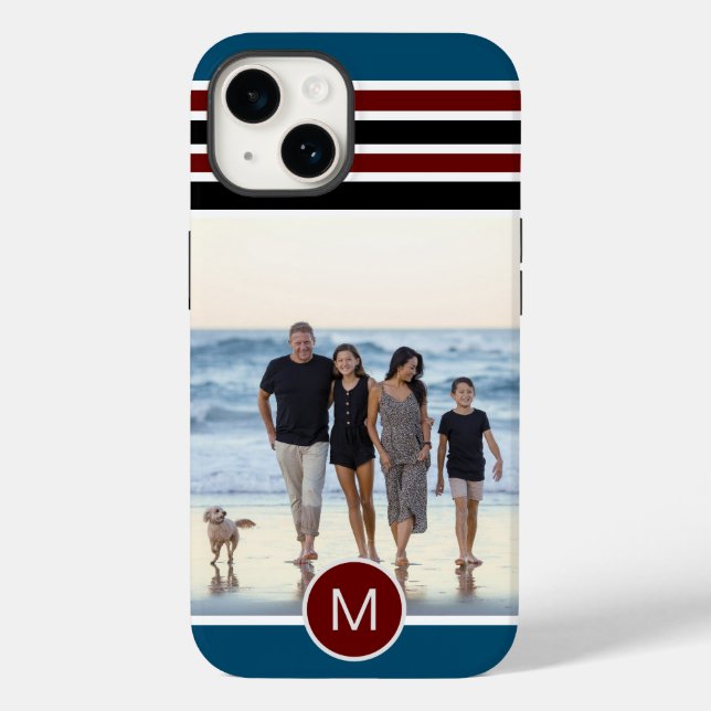 Stylish Blue Red Striped Monogram Custom Photo Case-Mate iPhone Case (Back)