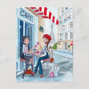 Stylish blue & red tea drinking girls in Paris Postcard