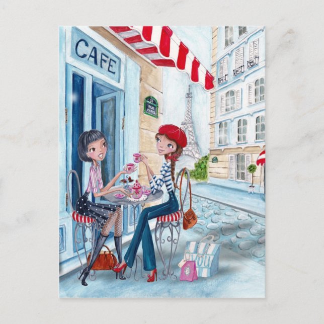 Stylish blue & red tea drinking girls in Paris Postcard (Front)