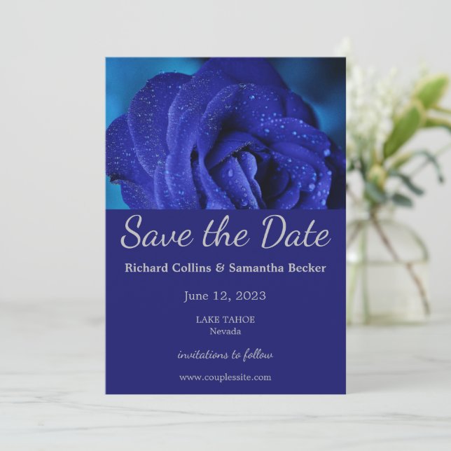 Stylish Blue Rose Wedding Save The Date (Standing Front)