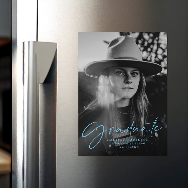 Stylish Blue Script Photo Graduation Magnetic Invitation (Creator Uploaded)