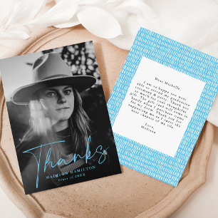 Stylish Blue Script Photo Graduation Thank You Card