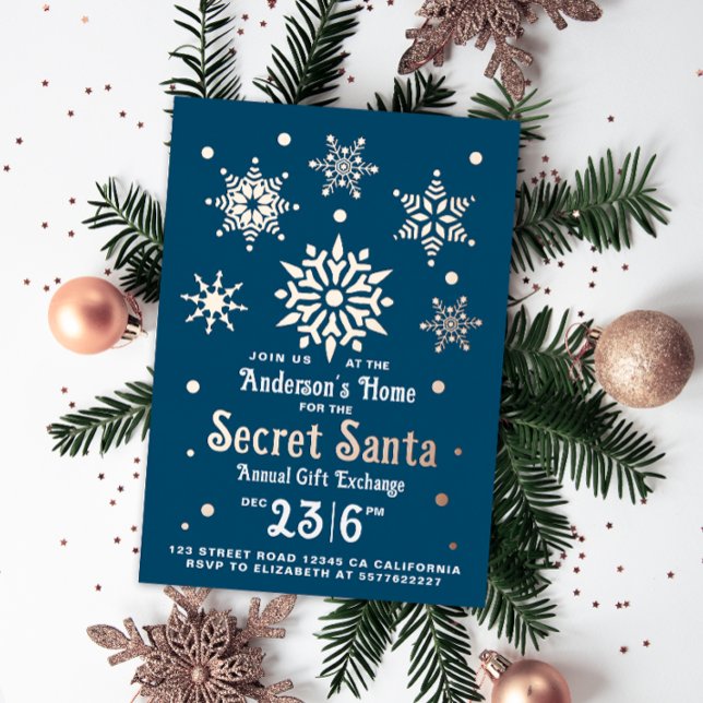 Stylish Blue Secret Santa Snowflakes  Foil Holiday Card (Creator Uploaded)