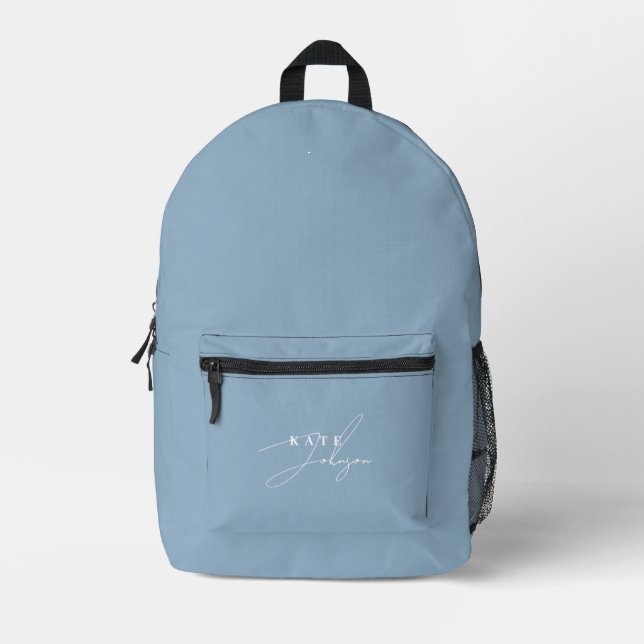 Stylish Blue Signature Script Monogram Printed Backpack (Front)