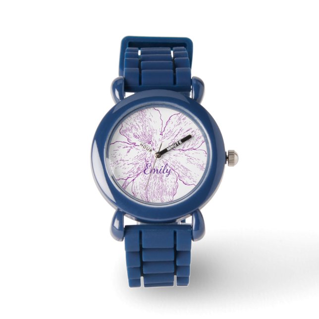 Stylish Blue Silicone Floral Kids Personalized Watch (Front)