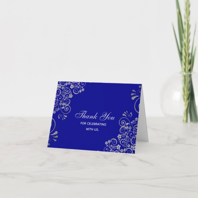 Stylish Blue silver Swirls Wedding Thank You Card (Front)