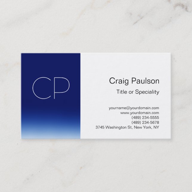 Stylish Blue Stripe White Monogram Business Card (Front)