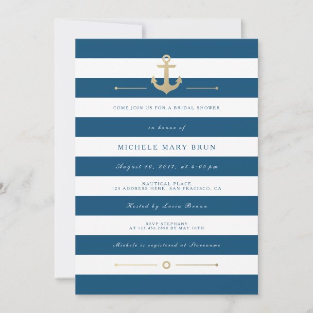 Stylish Blue Striped Nautical Bridal Shower Invite (Front)