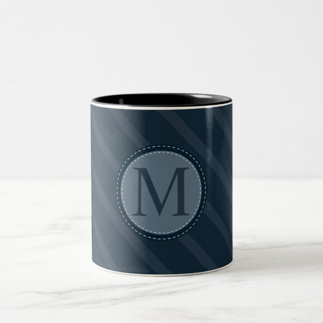 Stylish Blue Stripes Custom Circle Monogram Two-Tone Coffee Mug (Center)
