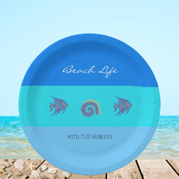 Stylish Blue Stripes Fish Shells Beach House Paper Plate