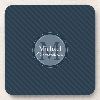 Stylish Blue Stripes w/Monogram Coaster