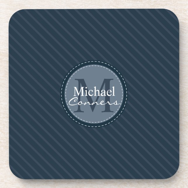 Stylish Blue Stripes w/Monogram Coaster (Front)