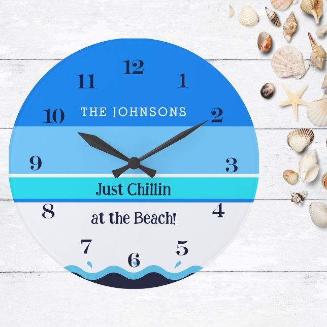 Stylish Blue Stripes Wave Family Name Beach House Large Clock (Creator Uploaded)