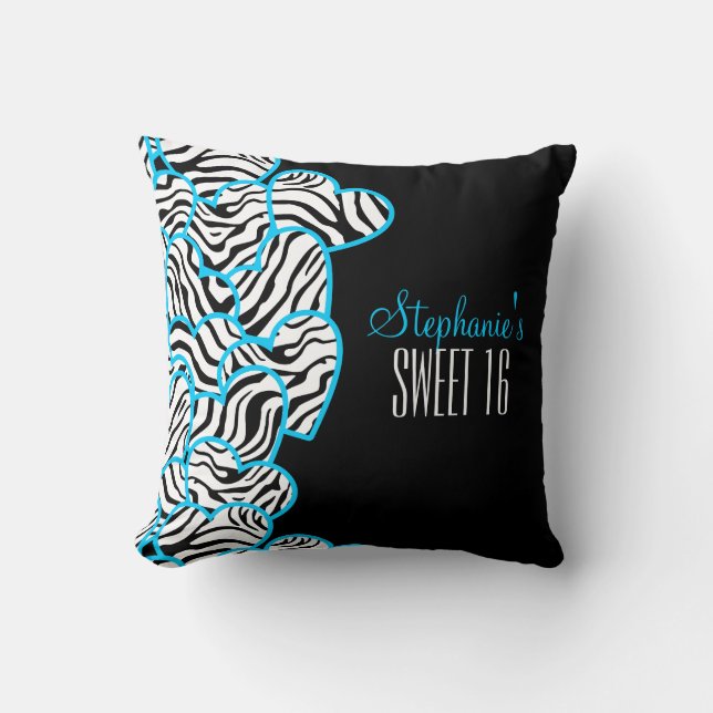 Stylish Blue Sweet 16 Zebra Heart Design Name  Cushion (Front)