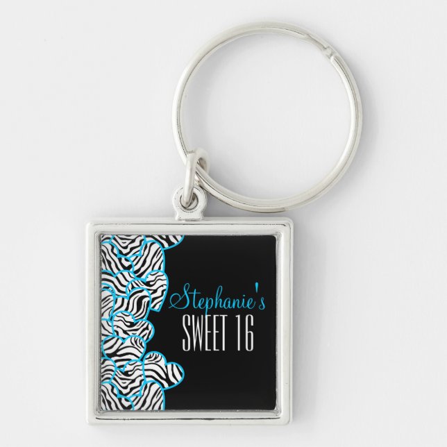 Stylish Blue Sweet 16 Zebra Heart Design Name  Key Ring (Front)