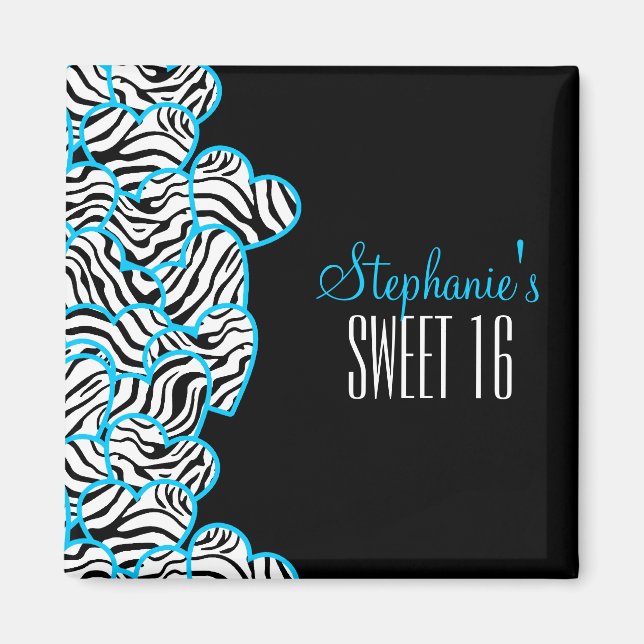 Stylish Blue Sweet 16 Zebra Heart Design Name  Magnet (Front)