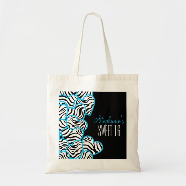 Stylish Blue Sweet 16 Zebra Heart Design Name  Tote Bag (Front)